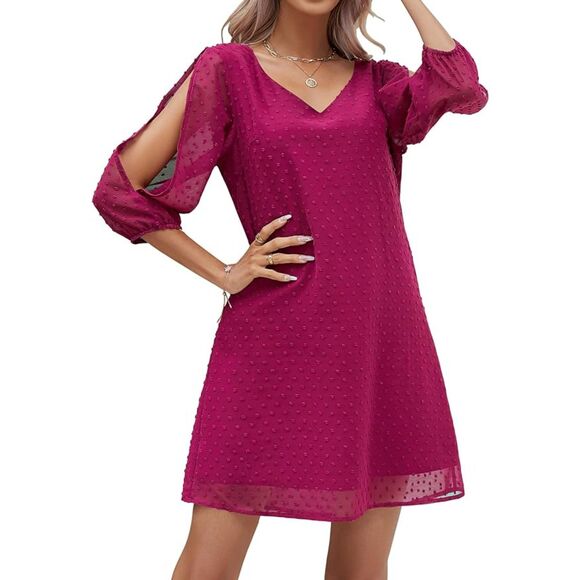 Yikomi Fushia Loose V Neck 3/4 Split Sleeve Flowy Shift Mini Party Dress Sz L - Picture 3 of 8